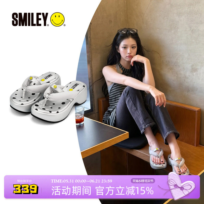 SMILEY笑脸银色夏季女款外穿人字夹趾沙滩辣妹波点厚底透气凉拖鞋