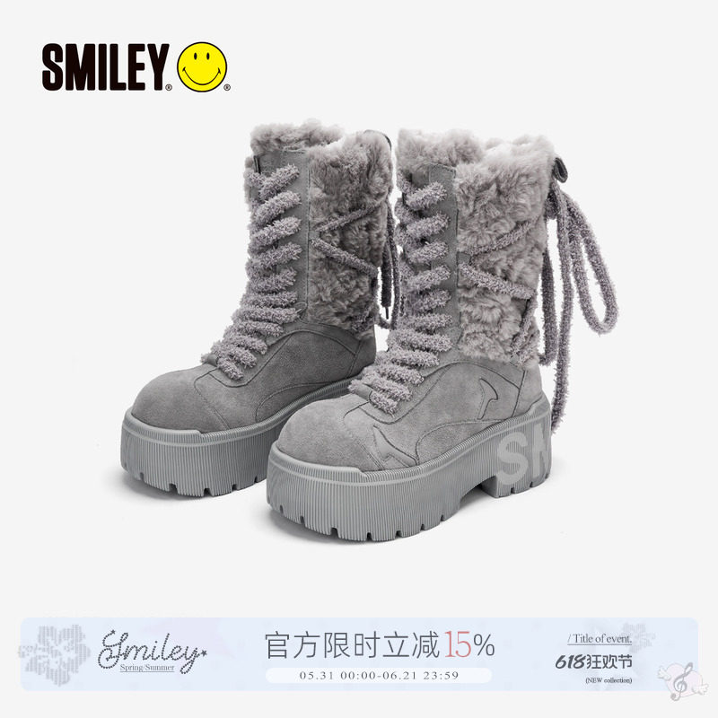 SMILEY笑脸长款绑带雪地靴灰冬保暖增高潮流女休闲大头厚底棉鞋子