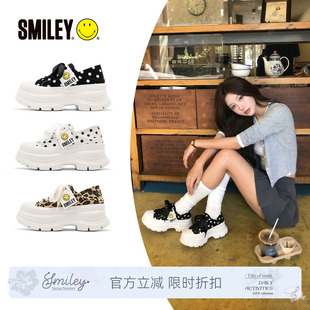 SMILEY笑脸黑色新款厚底波点女系带两穿增高时尚休闲板鞋帆布鞋子