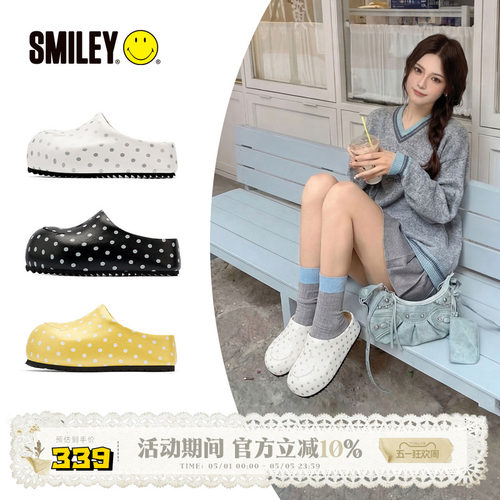 SMILEY笑脸白色波点半拖厚底增高女春季包头拖一脚蹬勃肯穆勒拖鞋 - 封面