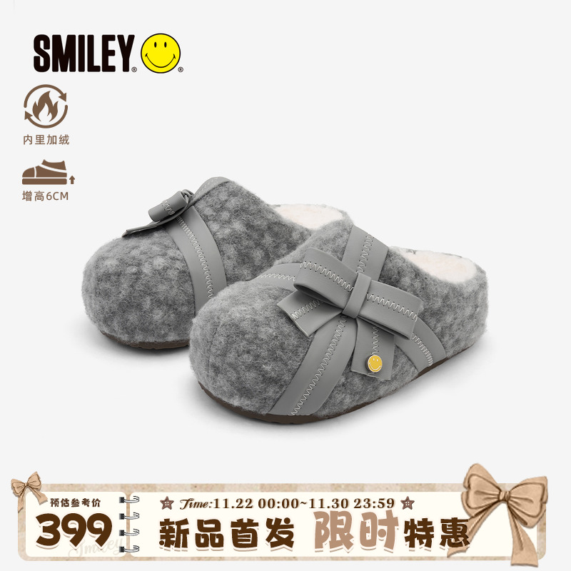 SMILEY笑脸灰冬季女蝴蝶结穆勒拖