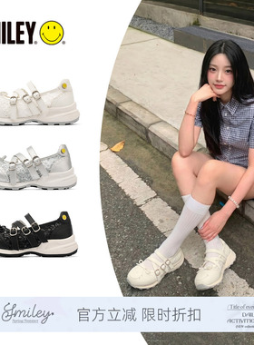 SMILEY笑脸亮片女圆头白色蝴蝶结浅口蕾丝运动玛丽珍温柔休闲鞋子