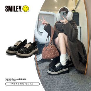 SMILEY笑脸黑色波点女小皮鞋德比鞋乐福鞋增高春季圆头学院风休闲