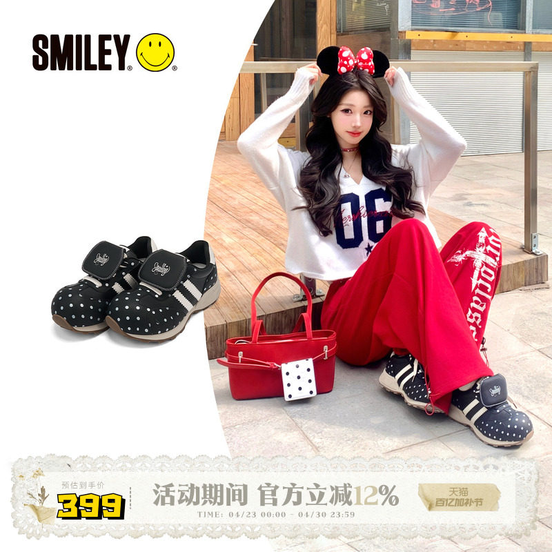 SMILEY笑脸蘑菇系列黑色女丑萌波点翻盖圆头增高慢跑鞋复古休闲鞋