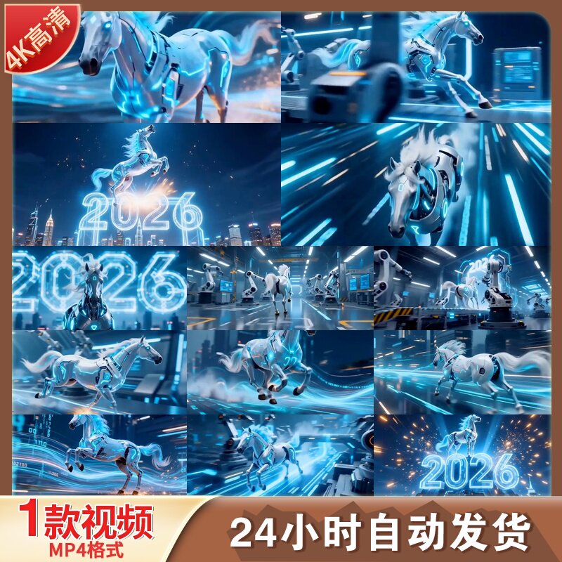 高清赛博机械马年2026发光科幻片头片尾未来感城市夜景视频素材
