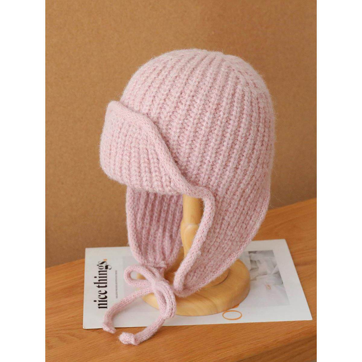 针织护耳帽女生秋冬厚款毛线雷锋帽纯色可爱绑带飞行帽子男韩风潮