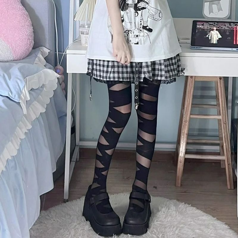 lolita交叉绑带白丝袜女夏季薄款纯欲黑丝性感朋克辣妹条纹连裤袜