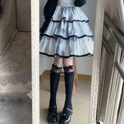 日系黑色jk小腿袜子女春夏可爱洛丽塔蝴蝶结花边中筒玛丽珍蕾丝袜