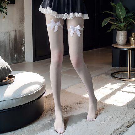超薄黑丝甜美可爱性感过膝高筒大腿袜Lolita蝴蝶结jk长筒丝袜女
