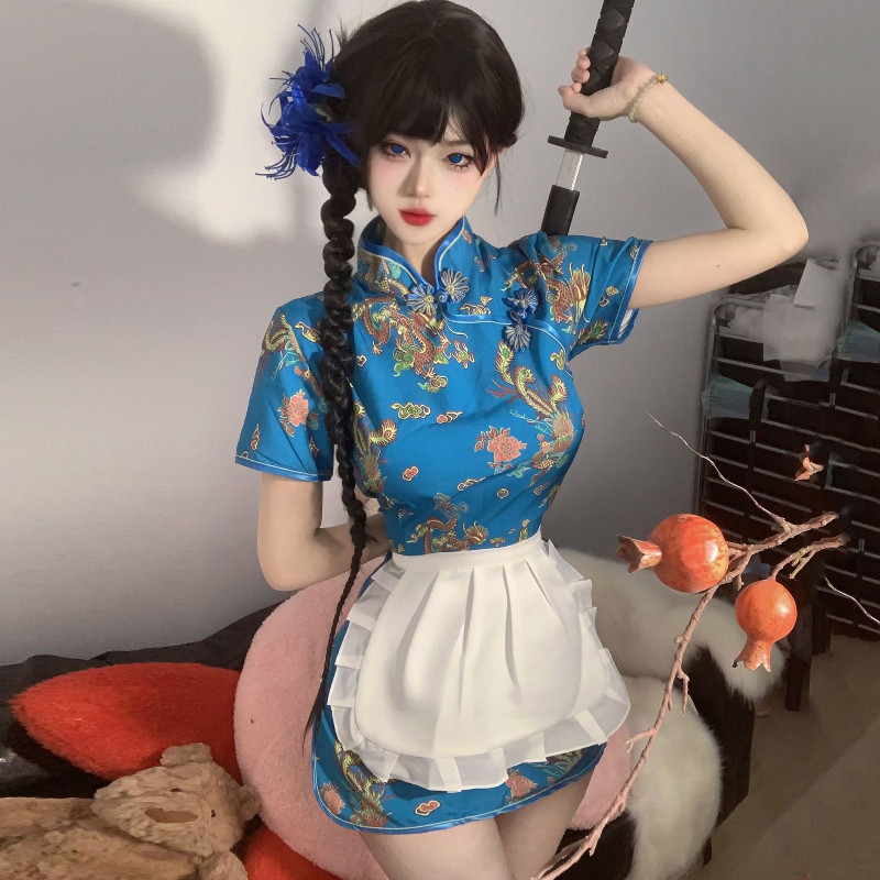 改良款国风旗袍纯欲风少女感萝莉旗袍女仆cos小厨娘居家内衣直播