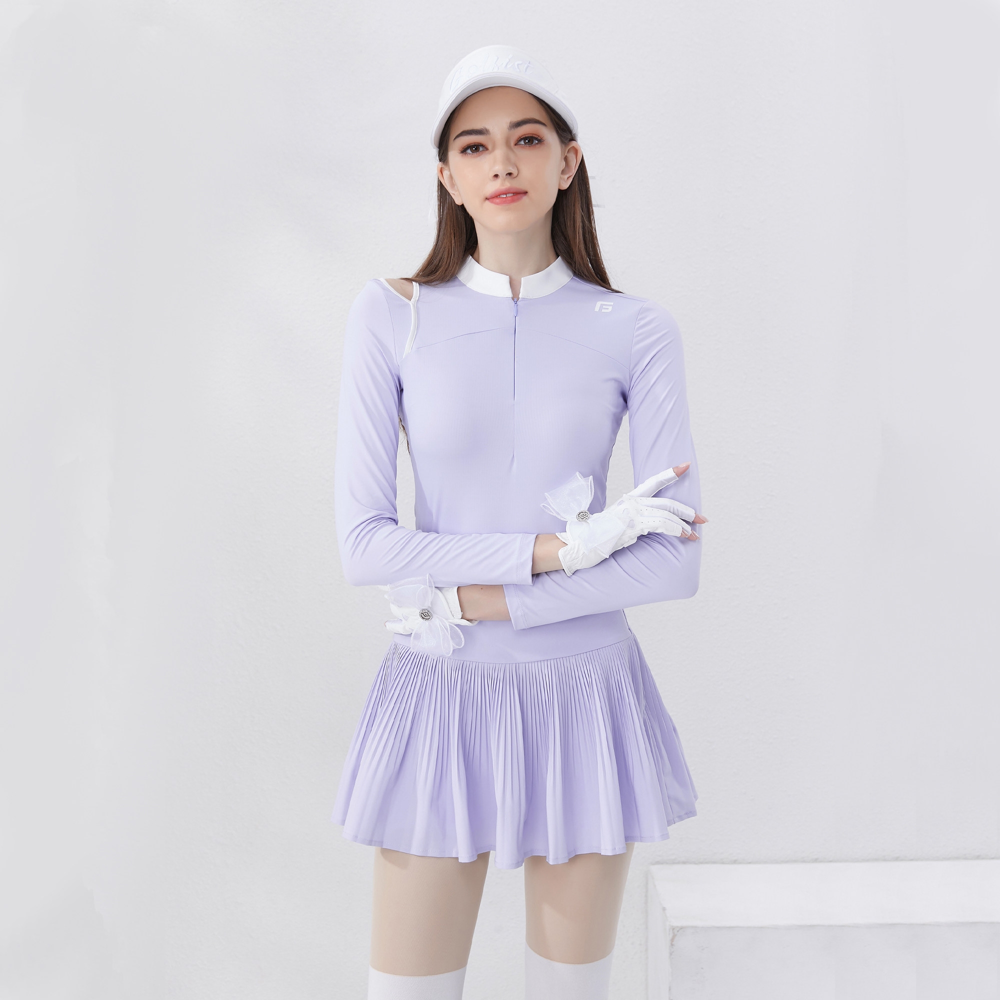 秋季高尔夫网球防晒冰丝长袖女百褶裙套装女上衣女golf女装服装女