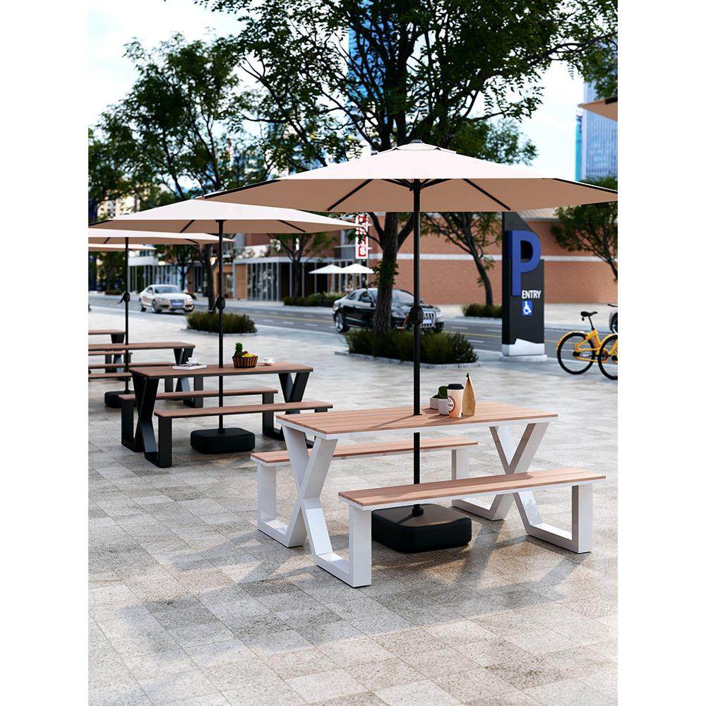 户外桌椅带伞组合市政休闲外摆长桌长凳奶茶店咖啡厅连体桌椅套装