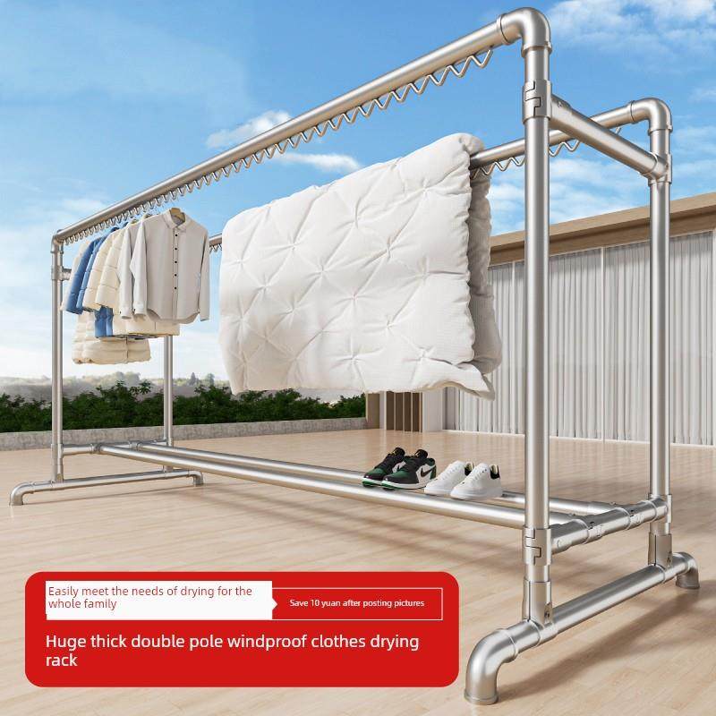 镀锌钢管晾衣架落地家用挂衣简易双杆水管晒被室外凉衣架阳台家用