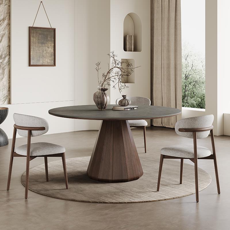 北欧实木餐桌圆桌带转盘现代简约小户型中古侘寂风实木岩板餐桌椅