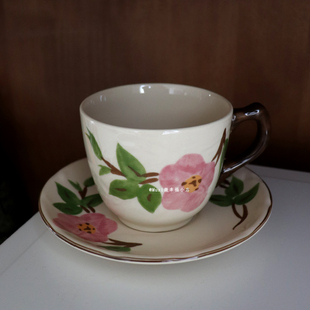 老货复古立体花朵沙塔玫瑰黄胎小奶壶手冲壶奶缸油壶杯陶瓷釉下彩