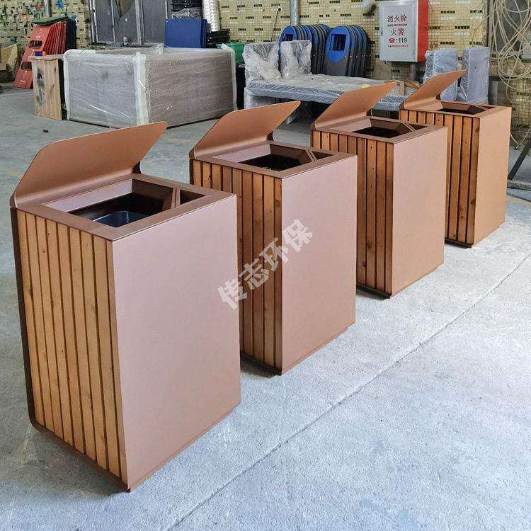 户外大容量公园街道电镀烤漆巧克力色不锈钢木条垃圾桶果皮箱定制