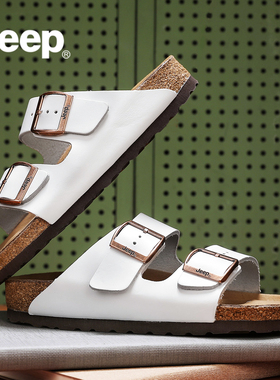 JEEP勃肯鞋男冬外穿拖鞋2025新款白色凉鞋男款真皮户外厚底凉拖鞋