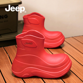 女款 2025新款 雨靴女厚底水鞋 JEEP雨鞋 防水防滑小丑鞋 加绒红色靴子