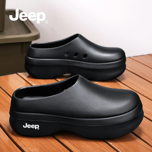 JEEP厨师鞋女冬季外穿2025新款包头勃肯半拖男冬加绒厚底洞洞拖鞋