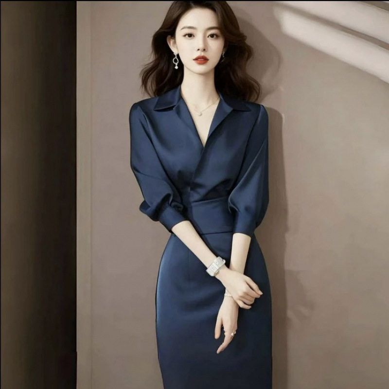 秋季上流社会高端精致女神范气质高冷御姐风蓝色醋酸缎面连衣裙子
