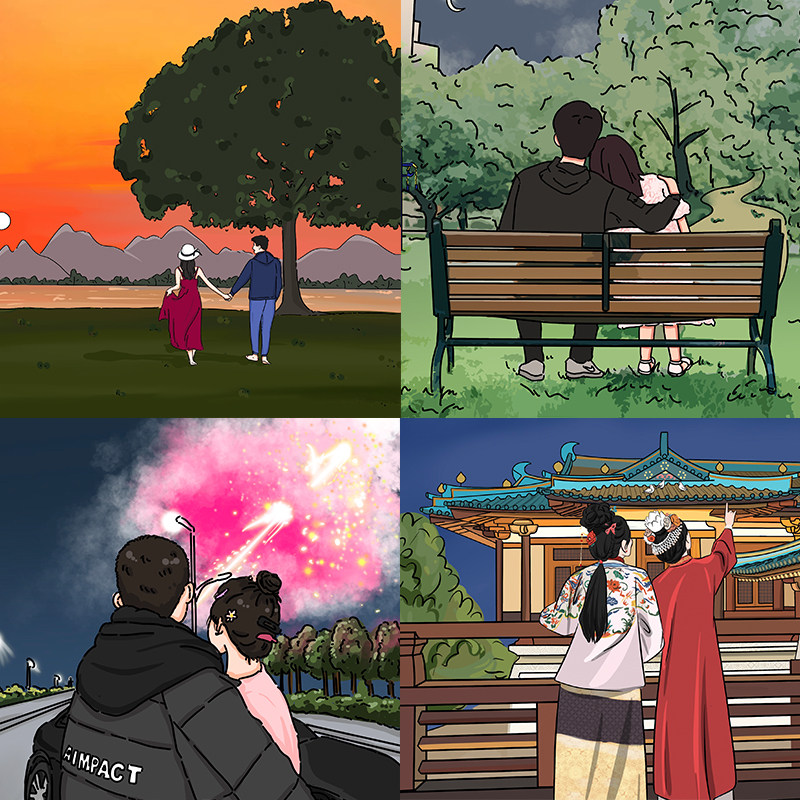 手绘卡通动漫背影照情侣微信头像壁纸约稿设计ins风插画背景绘制