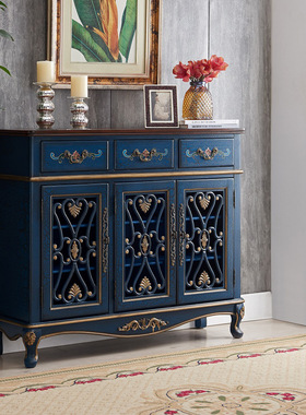至高美式实木鞋柜蓝色进门玄关柜镂空装饰柜储物柜整装工厂批发