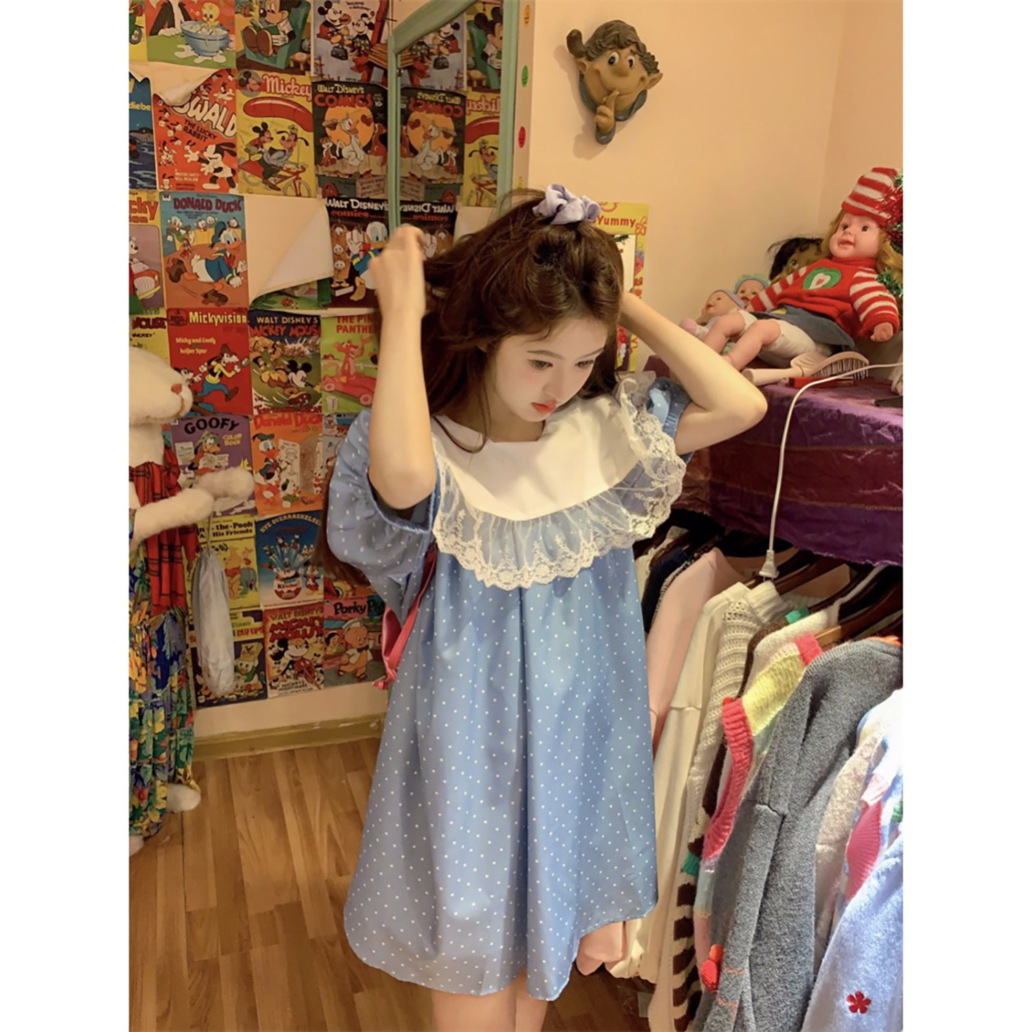 范雯雯 雪蓝椰蓉 韩风蕾丝花边连衣裙女夏季复古少女波点短裙子