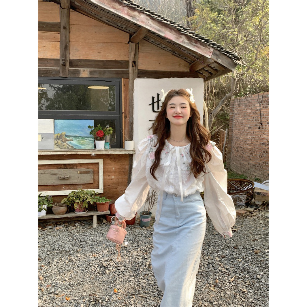 范雯雯少女图鉴 蓝色后面开叉牛仔裙女夏季法式修身高腰长款A字裙