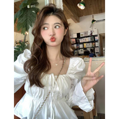 心动预告 韩系少女甜美白色泡泡袖 方领长袖 范雯雯 系带公主衬衫
