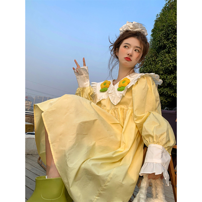范雯雯 弗洛花房 甜美可爱花朵娃娃领长袖连衣裙女宽松A字短裙
