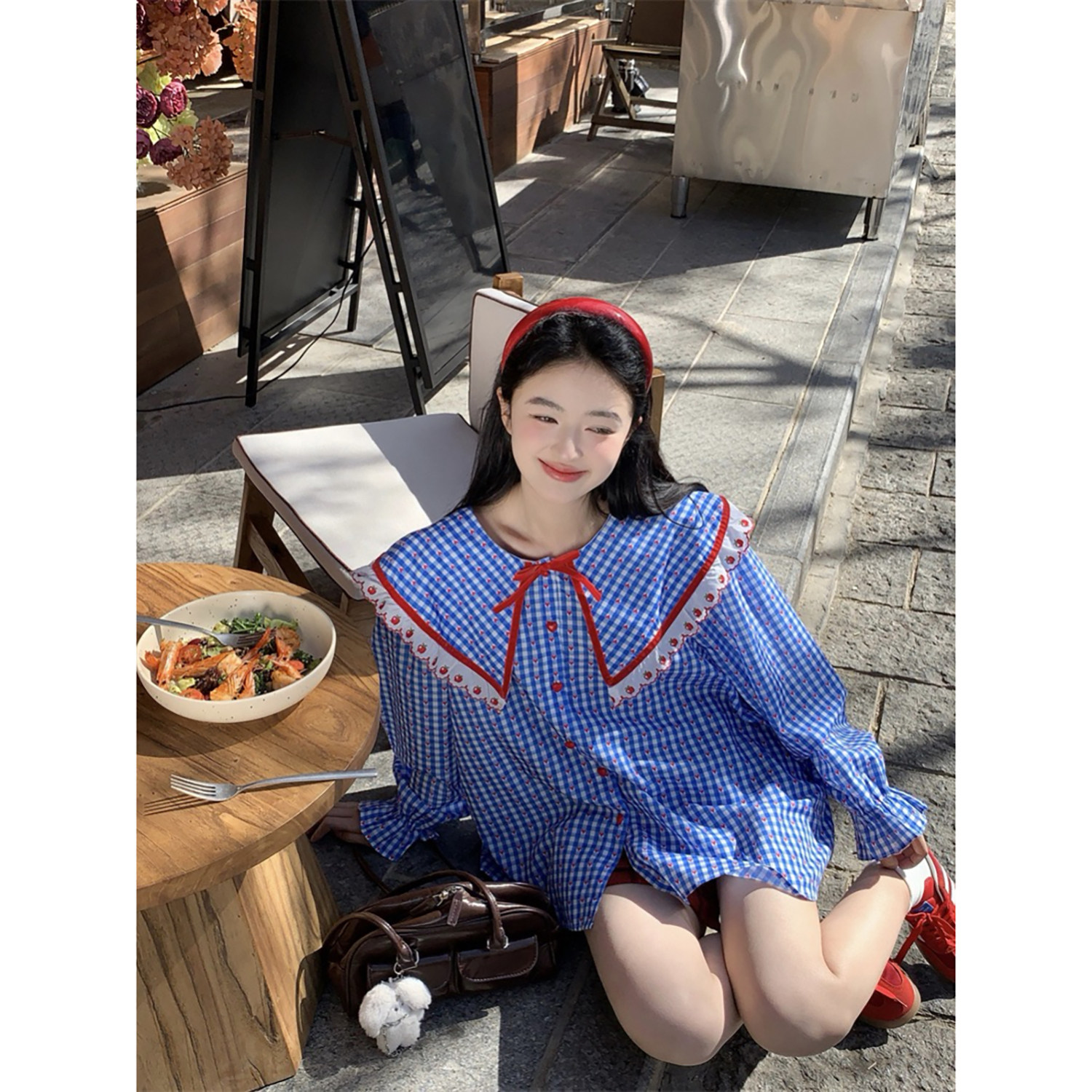 范雯雯 微风蓝调 娃娃领蓝色格子衬衫女春季可爱风蝴蝶结宽松上衣