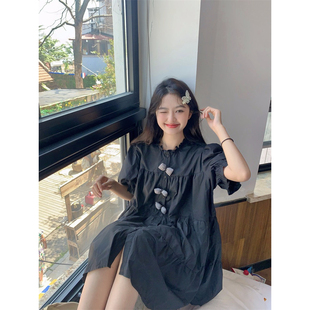 甜美宽松a字裙子 范雯雯 松露少女 蝴蝶结黑色衬衫 连衣裙女夏季