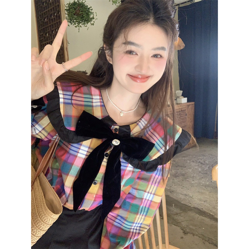 范雯雯苏格兰少女娃娃领彩色格子衬衫女秋甜美蝴蝶结泡泡袖上衣,女装/女士精品,衬衫,淘宝优惠券,粉丝福利购,淘宝优惠卷