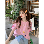 温柔可爱短袖 粉色圆领立体波点毛衣女夏季 上衣 多彩波点 范雯雯