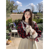 范雯雯 圆领宽松上衣 女秋甜美喇叭袖 奥西莉亚 蕾丝拼接格子衬衫