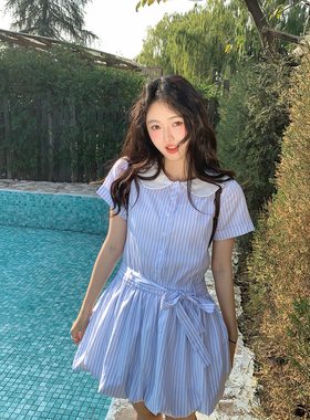 范雯雯 冰泉约会 花苞蓝色条纹收腰短裙子女显瘦夏季学院风连衣裙