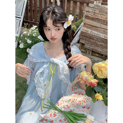 栀花清梦蓝色蝴蝶结连衣裙女春