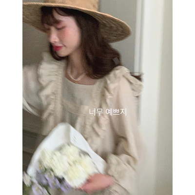 范雯雯 复古少女 蕾丝花边长袖防晒连衣裙女春甜美中长款裙子