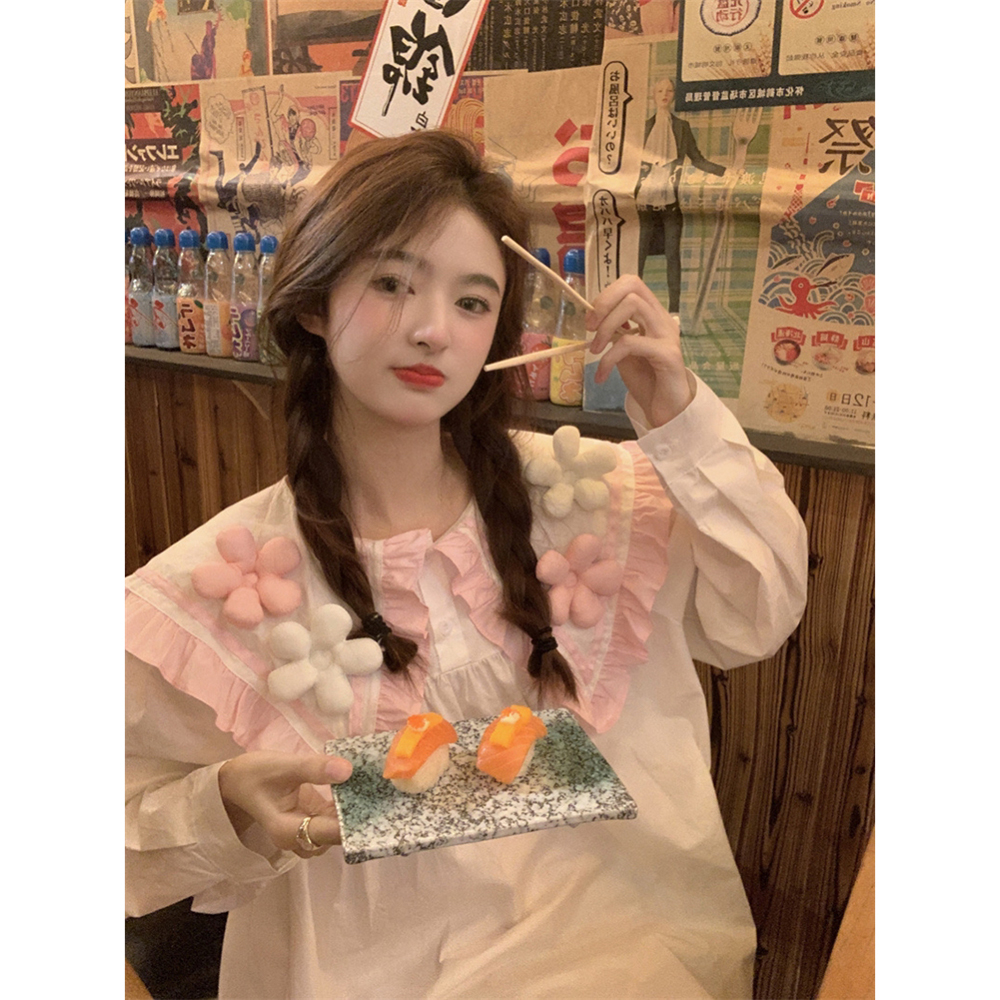 范雯雯 甜味艺术生 花朵娃娃领连衣裙女夏季甜美宽松长款衬衫裙子