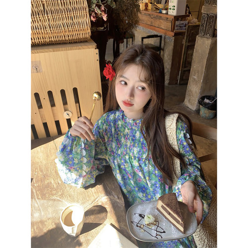 范雯雯 花海约定 花边立领碎花连衣裙女夏季甜美泡泡袖a字裙子