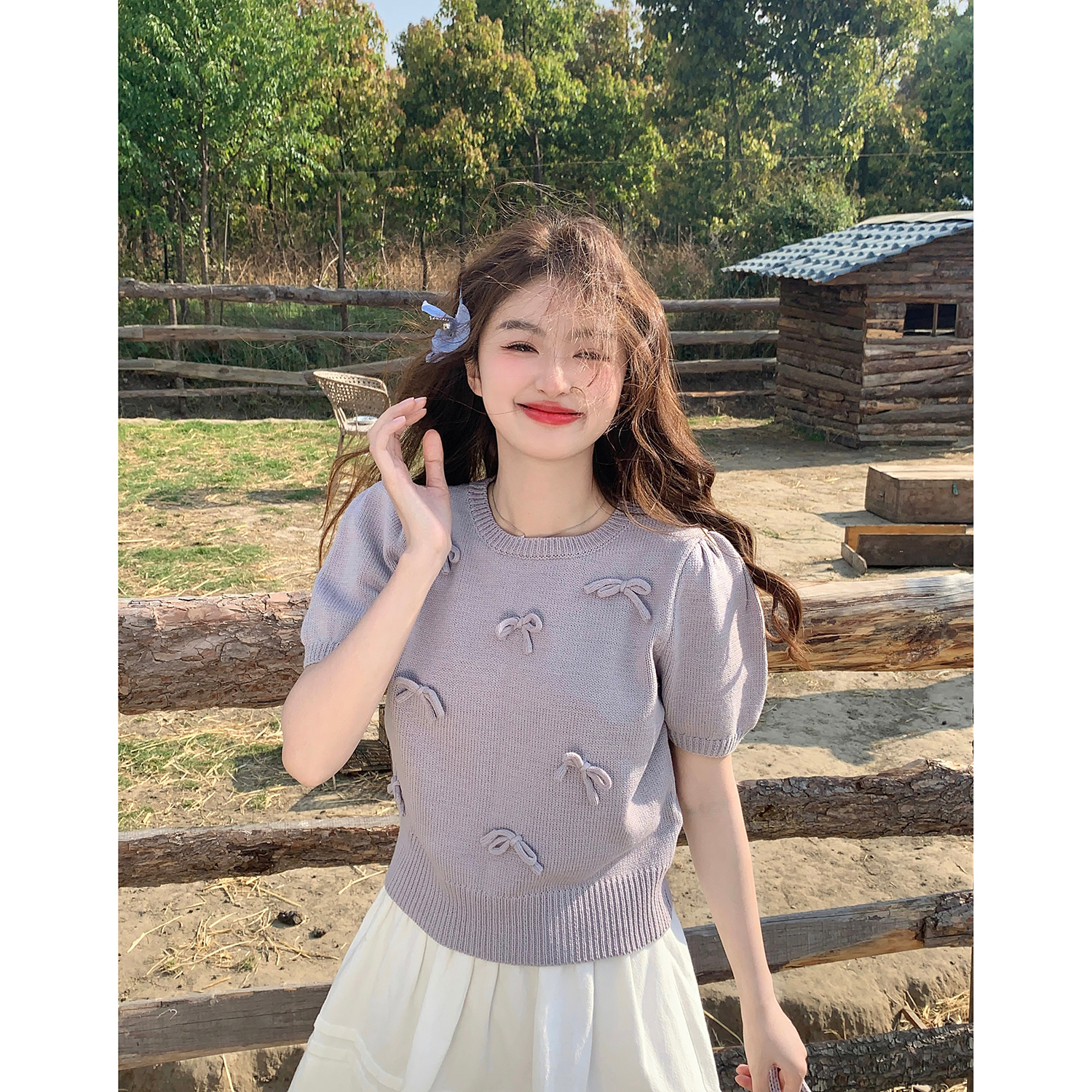 范雯雯 奶糯甜心 蝴蝶结短袖针织衫女秋甜美紫色圆领短款上衣