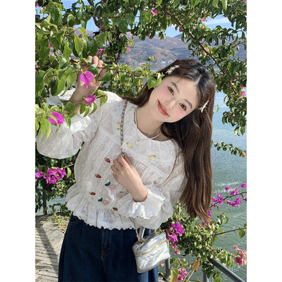 范雯雯 香草绵绵冰 刺绣翻领收腰衬衫女夏季甜美喇叭袖蕾丝上衣
