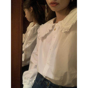 范雯雯 荷叶娃娃领 宽松韩版衬衫上衣女韩风温柔少女白色衬衣秋季