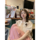 茉莉牛乳 泡泡袖 绣花镂空系带短袖 女夏季 甜美上衣 杏色衬衫 范雯雯
