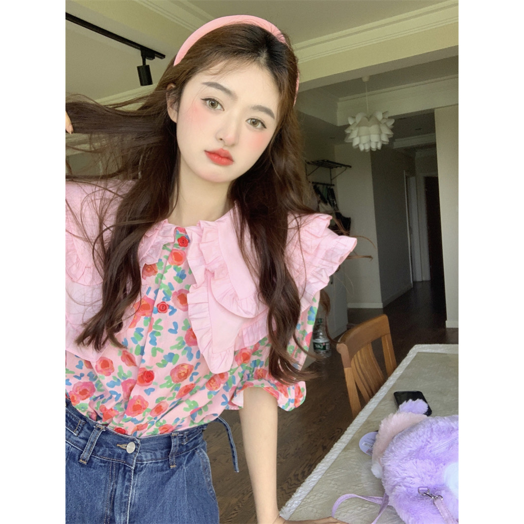 范雯雯 甜岛玫瑰 法式甜美娃娃领女夏季泡泡袖宽松学院半袖衬衫