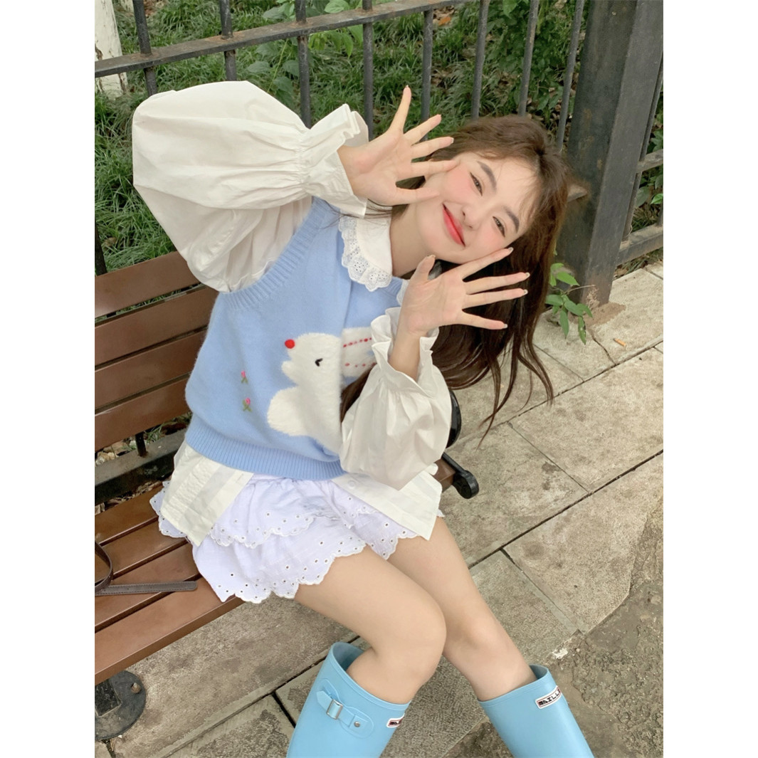 范雯雯 甜口兔兔 蓝色兔子提花马甲喇叭袖衬衫女秋别致两件套,女装/女士精品,时尚套装,淘宝优惠券,粉丝福利购,淘宝优惠卷