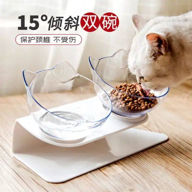 速发斜口猫碗保护猫食盆双碗防打翻塑料防滑固定碗狗食碗