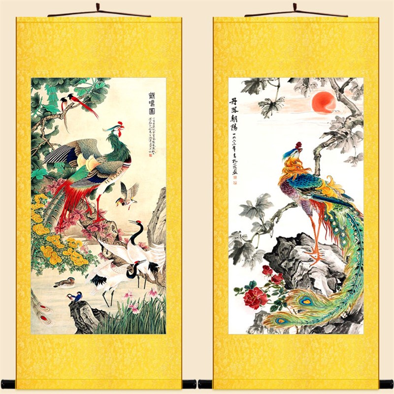 速发龢鸣图凤卷百鸟朝凤图 丹朝凤花鸟画凰轴挂画 书房装饰画可
