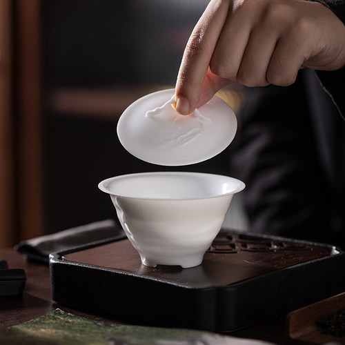 速发德玉羊脂胎白瓷薄化三才盖碗泡茶杯茶碗高端功夫茶具单个家用