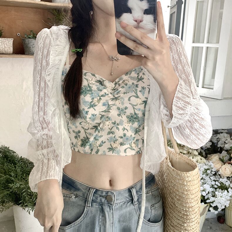 速发辣妹夏天小外套薄款吊晒开衫法式碎花小防上背心外搭长袖带衣